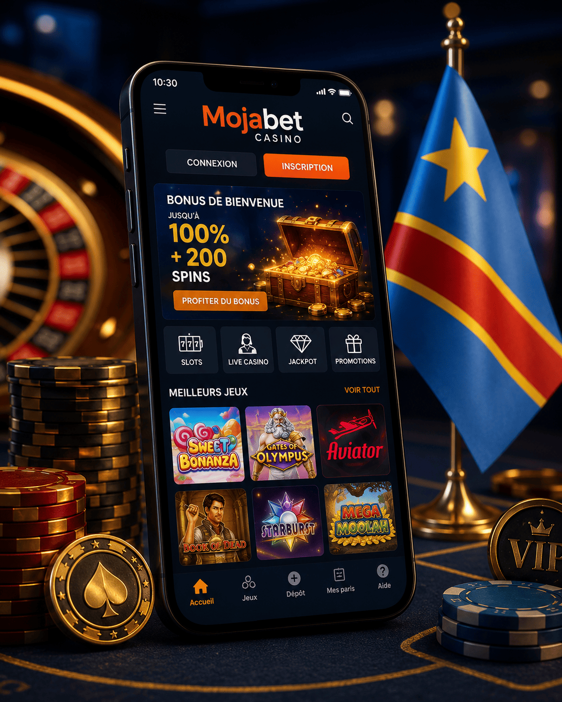 interface mobile de Mojabet Casino en RDC avec jeux de casino et menu Aviator