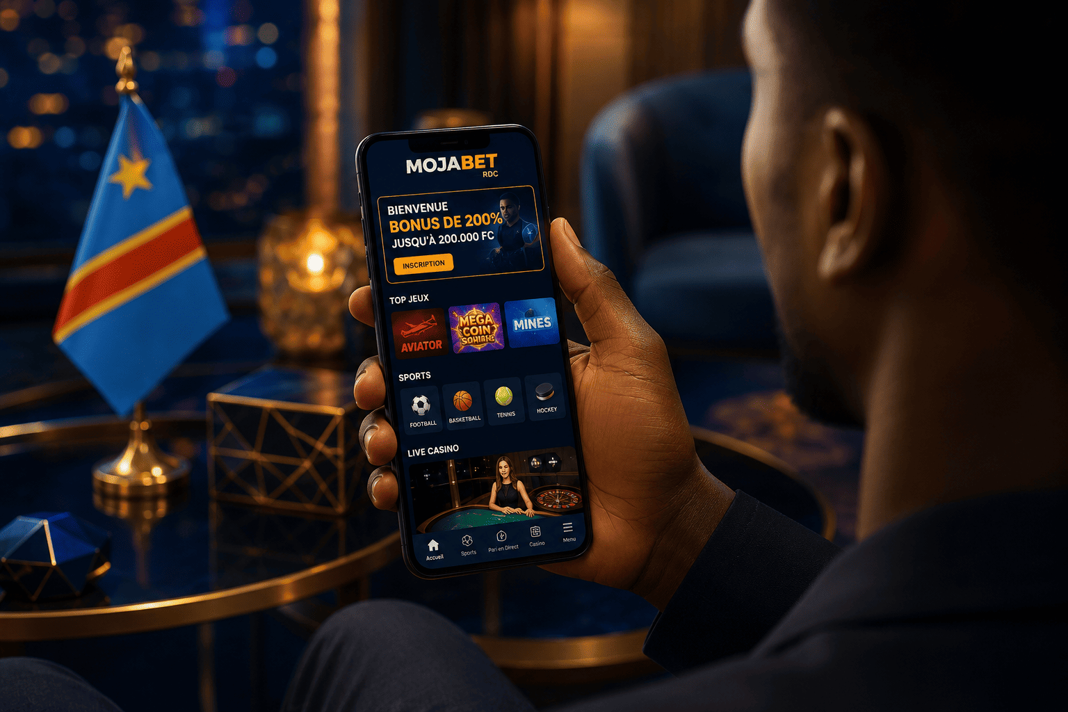 utilisateur consultant Mojabet RDC app sur smartphone avec un lobby de casino mobile